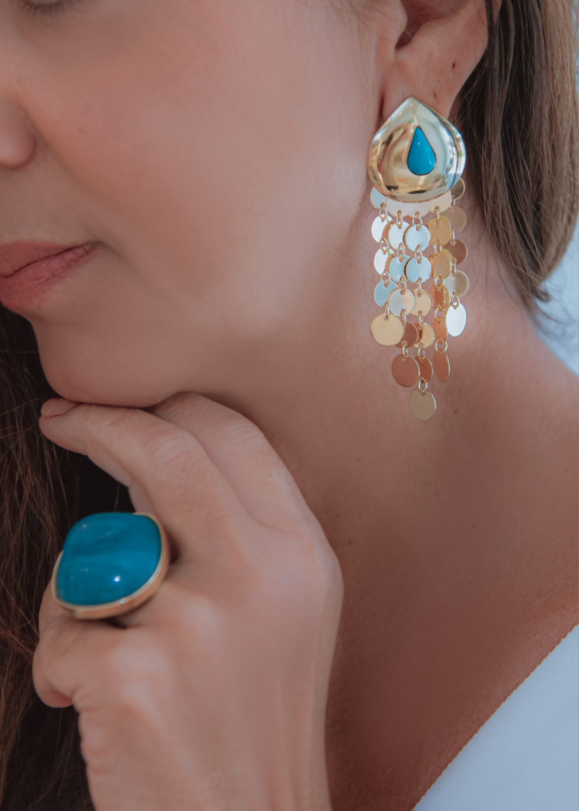 Brinco Gota com Franja Chuva Dourada